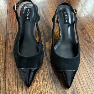 Aqua Black Suede and Patent Pointed Toe Slingback Heels